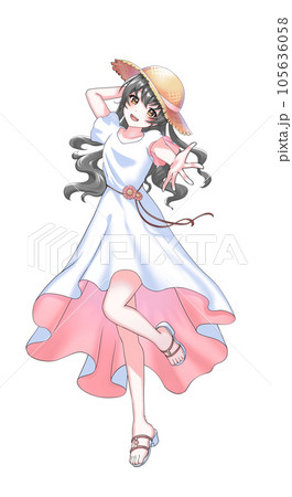 【自然な髪色】ワンピースを着て麦わら帽子をかぶったピンク担当巻き髪の女の子 105636058