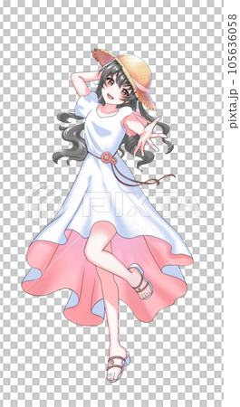 【自然な髪色】ワンピースを着て麦わら帽子をかぶったピンク担当巻き髪の女の子 105636058