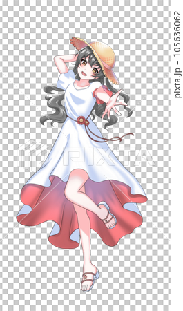 【自然な髪色】ワンピースを着て麦わら帽子をかぶった赤担当巻き髪の女の子 105636062