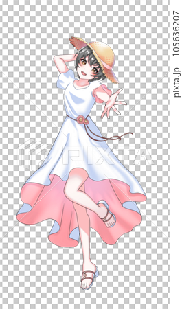【自然髮色】穿裙子、戴草帽的短髮少女掌管粉色 105636207