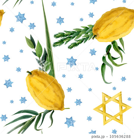 Sukkot watercolor seamless pattern on white background for traditional Jewish holiday with Lulav date palm leaf, Etrog citron fruit, Arava willow, Hadas myrtle plants and stars of David 105636288
