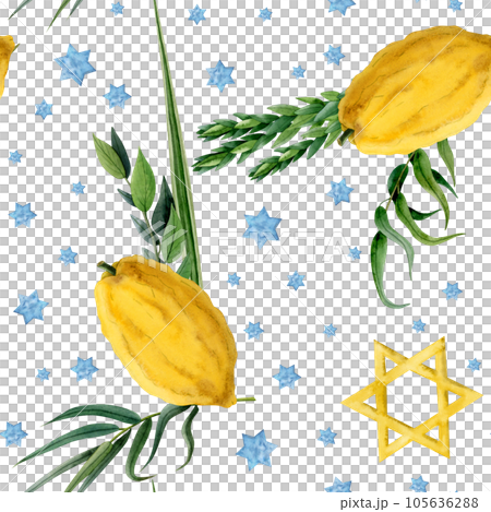 Sukkot watercolor seamless pattern on white background for traditional Jewish holiday with Lulav date palm leaf, Etrog citron fruit, Arava willow, Hadas myrtle plants and stars of David Sukkot watercolor seamless pattern on white background for traditional Jewish holiday with Lulav date palm leaf, Etrog citron fruit, Arava willow, Hadas myrtle plants and stars of David 105636288