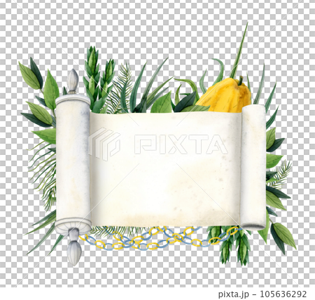 Sukkot banner tempate with blank Torah scroll and symbols watercolor illustration isolated on white background. Four species etrog fruit, hadass, lulav, aravah, myrtle and willow Sukkot banner tempate with blank Torah scroll and symbols watercolor illustration isolated on white background. Four species etrog fruit, hadass, lulav, aravah, myrtle and willow 105636292