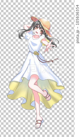 【自然髮色】穿裙子戴草帽的黃色雙馬尾女孩 105636354