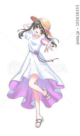 【自然な髪色】ワンピースを着て麦わら帽子をかぶった紫担当ツインテールの女の子 105636355