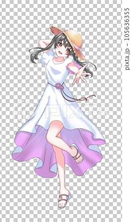 [Natural hair color] Purple twintail girl wearing a dress and a straw hat 105636355