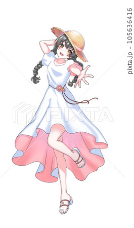 【自然な髪色】ワンピースを着て麦わら帽子をかぶったピンク担当三つ編みの女の子 【自然な髪色】ワンピースを着て麦わら帽子をかぶったピンク担当三つ編みの女の子 105636416