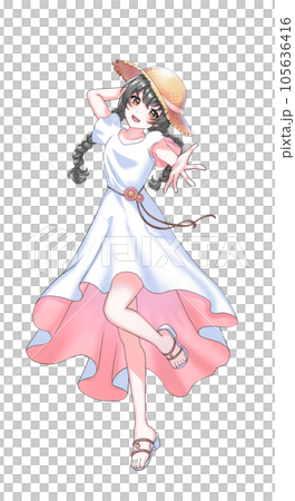 [Natural hair color] A pink braided girl wearing a dress and a straw hat 105636416