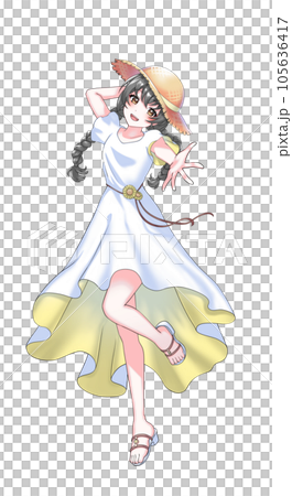 [Natural hair color] A yellow braided girl wearing a dress and a straw hat 105636417
