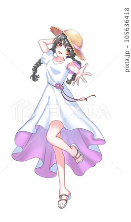 【自然な髪色】ワンピースを着て麦わら帽子をかぶった紫担当三つ編みの女の子 105636418