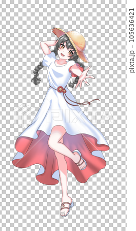 [Natural hair color] Girl with red braids wearing a dress and a straw hat 105636421