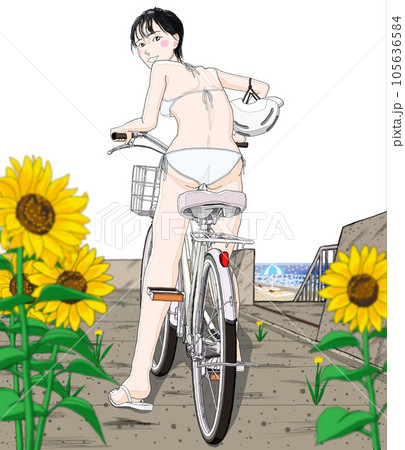 自転車に乗っているビキニ水着の女の子61 ヘルメット右のイラスト素材