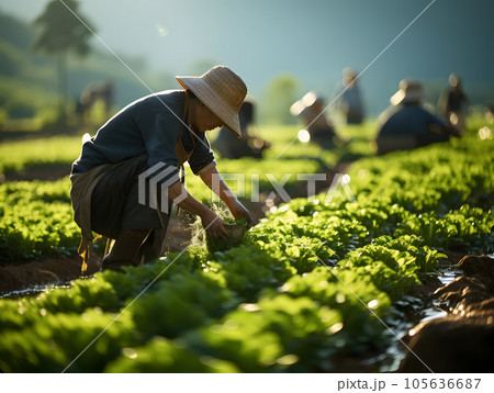 Agriculture farmers in paddy rice fields and river view with foggy mornings. Greenery view in the morning with sunrise 105636687