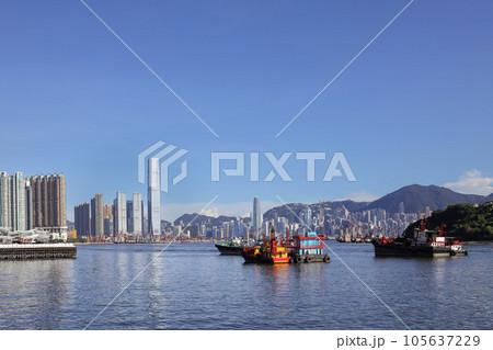 Aug 3 2023 Panoramic Stonecutters Island Vista of Victoria Harbour 105637229