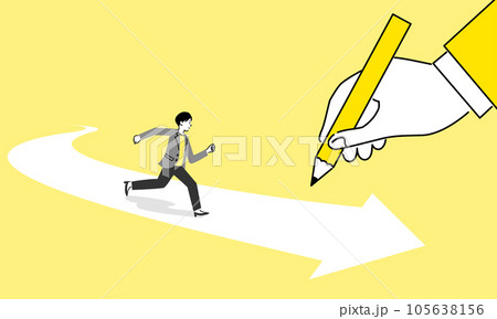 鉛筆で描かれた矢印とその上を走る女性ビジネスマンのイラスト、ベクター 105638156