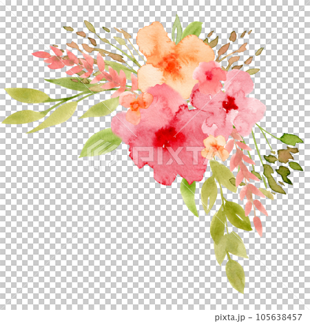 Watercolor abstract Flowers. Hand drawn illustration for greeting cards or wedding invitations on white isolated background. Floral drawing with red buds, pink petals and green leaves for icon. Watercolor abstract Flowers. Hand drawn illustration for greeting cards or wedding invitations on white isolated background. Floral drawing with red buds, pink petals and green leaves for icon. 105638457