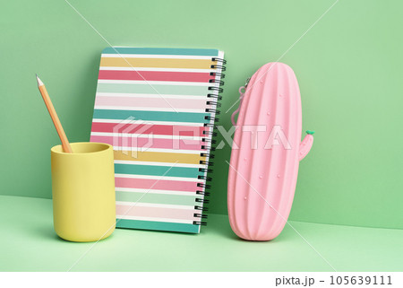 One spiralbound notepad with pink cactus pencil case on green. Back to School or drawing and creativity concept. Copy space. Mockup banner 105639111