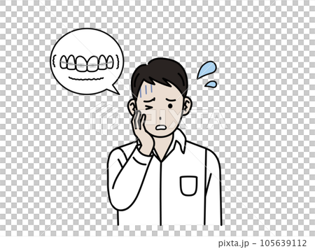 ワイヤー矯正で歯が痛む若い男性 105639112