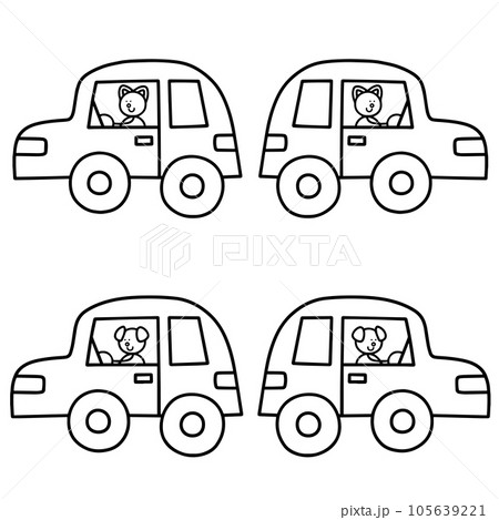 車で移動するわんまるとにゃんまるの線画セット 犬 猫 車で移動するわんまるとにゃんまるの線画セット 犬 猫 105639221