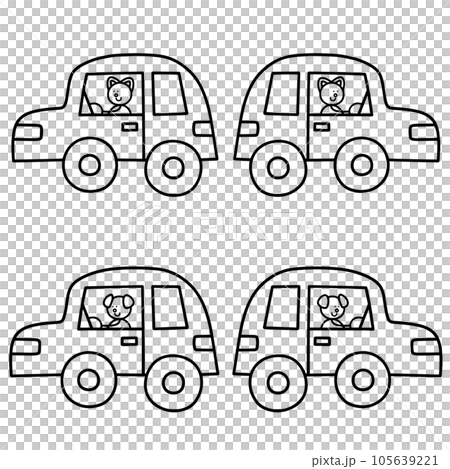 車で移動するわんまるとにゃんまるの線画セット 犬 猫 車で移動するわんまるとにゃんまるの線画セット 犬 猫 105639221