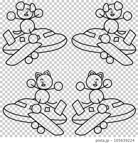 一組 Wanmaru 和 Nyanmaru 乘飛機旅行、一隻狗和一隻貓的線條畫 105639224