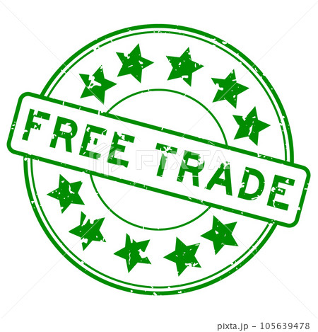 Grunge green free trade word with star icon round rubber seal stamp on white background Grunge green free trade word with star icon round rubber seal stamp on white background 105639478