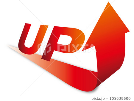 なめらかな曲線の赤い矢印。 スタイリッシュな「UP」の文字のアイコン。 105639600