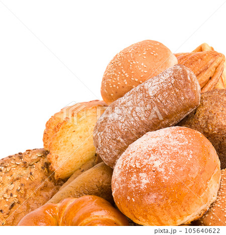 Bread, ciabatta ,baguette and sweet pastries isolated on white . Free space for text. Bread, ciabatta ,baguette and sweet pastries isolated on white . Free space for text. 105640622