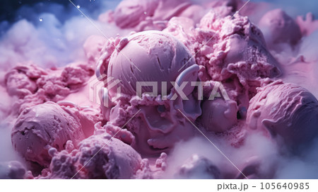 Advertising shot, pink fruit ice cream balls with sugar powder, side view on dark background. High quality illustration Advertising shot, pink fruit ice cream balls with sugar powder, side view on dark background. High quality illustration 105640985