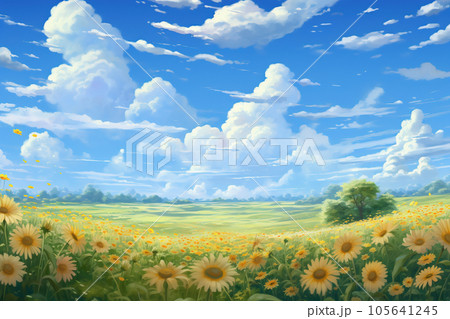 夏のひまわり畑の風景-水彩アニメ背景 105641245