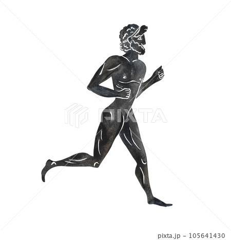 Black silhouette of an ancient Greek Olympic Games athlete. Greek painting. Hand drawn watercolor illustration. Isolate. For banners, prints and textiles. For packaging, labels and postcards. Black silhouette of an ancient Greek Olympic Games athlete. Greek painting. Hand drawn watercolor illustration. Isolate. For banners, prints and textiles. For packaging, labels and postcards. 105641430