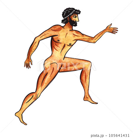 Ancient Greek Olympic athlete. Ancient Greek art. Painting on an amphora. Watercolor hand drawn illustration. Isolate. For the design of banners, prints and textiles. For packaging, labels, postcards. Ancient Greek Olympic athlete. Ancient Greek art. Painting on an amphora. Watercolor hand drawn illustration. Isolate. For the design of banners, prints and textiles. For packaging, labels, postcards. 105641431