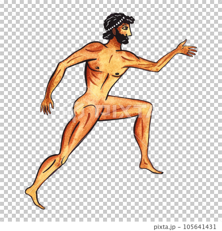 Ancient Greek Olympic athlete. Ancient Greek art. Painting on an amphora. Watercolor hand drawn illustration. Isolate. For the design of banners, prints and textiles. For packaging, labels, postcards. Ancient Greek Olympic athlete. Ancient Greek art. Painting on an amphora. Watercolor hand drawn illustration. Isolate. For the design of banners, prints and textiles. For packaging, labels, postcards. 105641431