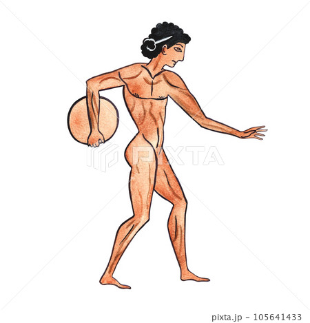 Ancient Greek Olympic athlete. Ancient Greek art. Painting on an amphora. Watercolor hand drawn illustration. Isolate. For the design of banners, prints and textiles. For packaging, labels, postcards. 105641433