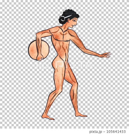 Ancient Greek Olympic athlete. Ancient Greek art. Painting on an amphora. Watercolor hand drawn illustration. Isolate. For the design of banners, prints and textiles. For packaging, labels, postcards. 105641433