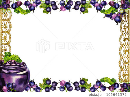 Blackcurrant jam, frame. Watercolor illustration. For labels, packaging and banners. For textiles, prints and stickers Blackcurrant jam, frame. Watercolor illustration. For labels, packaging and banners. For textiles, prints and stickers 105641572