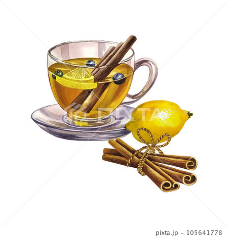 A cup of tea with lemon and cinnamon. Glass transparent cup filled with tea. Watercolor illustration. 105641778