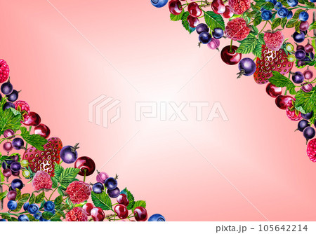 Berries. Frame with strawberries, raspberries and blueberries, cherries and currants. Watercolor. For packaging, labels 105642214