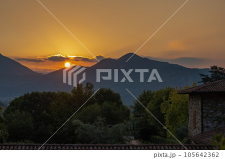 A landscape of the countryside near Iseo Lake at sunrise, Italy A landscape of the countryside near Iseo Lake at sunrise, Italy 105642362