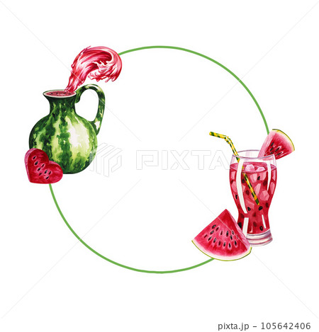 Round frame with watermelon and watermelon juice. Watercolor illustration. For design solutions for labels, packaging 105642406