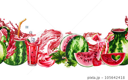 Watermelon. Seamless border with watermelon and fresh juice juice. Watercolor hand drawn illustration. On a white background. For labels, packaging and banners. For textiles, prints, menus and flyers. Watermelon. Seamless border with watermelon and fresh juice juice. Watercolor hand drawn illustration. On a white background. For labels, packaging and banners. For textiles, prints, menus and flyers. 105642418