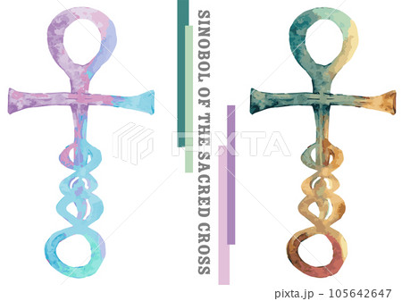 アンク風十字架の水彩イラストセット、グラデーションカラー 105642647