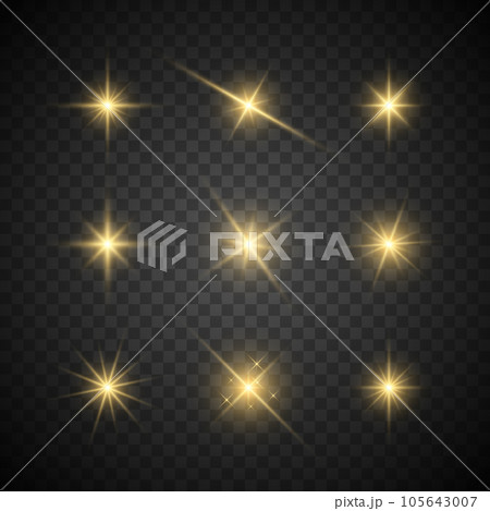 Gold color shining star collection. Vector flashing lights set 105643007