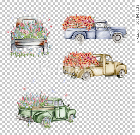 Watercolor composition with flowers and farm car. Butterflies in cartoon style.Hand drawn illustration perfect for scrapbooking, kids design, wedding invitation,posters, greetings cards. 105643135