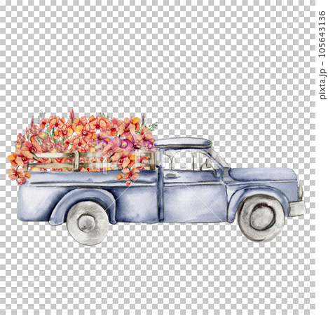 Watercolor composition with flowers and farm car. Butterflies in cartoon style.Hand drawn illustration perfect for scrapbooking, kids design, wedding invitation,posters, greetings cards. 105643136
