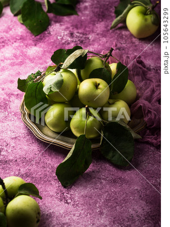 Fresh ripe green apple in purple background. Fresh ripe green apple in purple background. 105643299