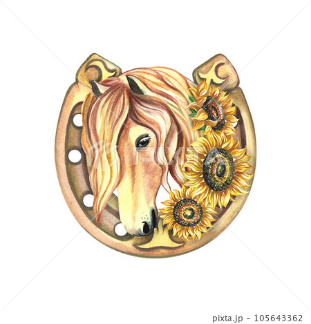 Horse portrait on the background of a horseshoe decorated with sunflowers. Beautiful mare. Watercolor illustration Horse portrait on the background of a horseshoe decorated with sunflowers. Beautiful mare. Watercolor illustration 105643362