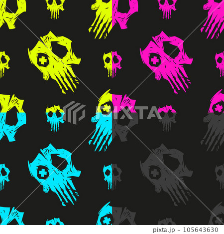 Cursed skull seamless pattern 4 variations. Suitable for fashion industry, branding, halloween background. Cursed skull seamless pattern 4 variations. Suitable for fashion industry, branding, halloween background. 105643630