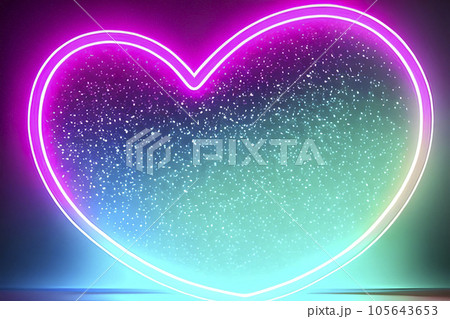 The heart shapes on abstract light neon glitter background in love concept for valentines day with sweet and romantic. Neon heart glowing background space for text. Design and digital material. 105643653
