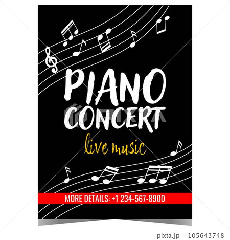 Live piano music concert banner with white musical notes on the black background. Classical piano music festival or concert announcement, invitation leaflet or flyer to listen a sonata or symphony. 105643748